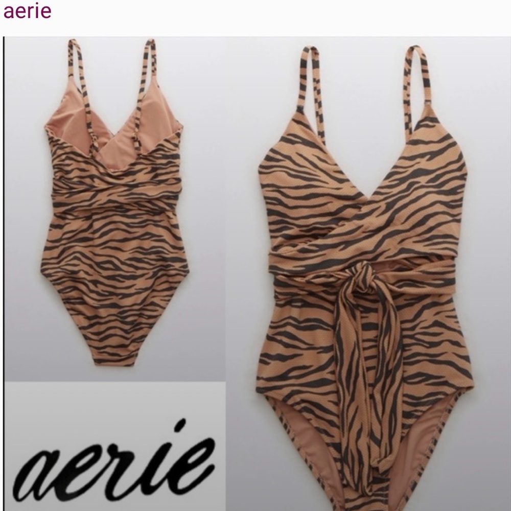 aerie Tiger-Print Wrap One-Piece Swimsuit in Tan and Black